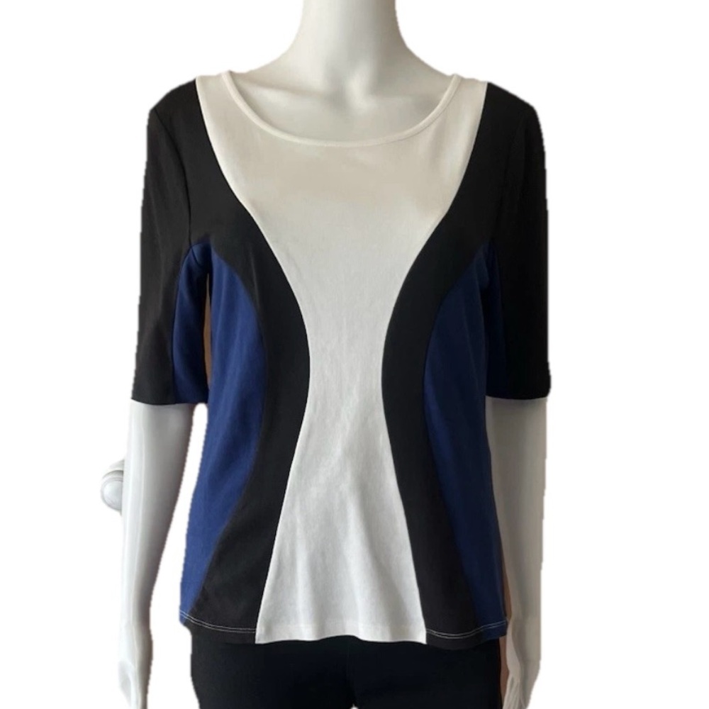 Ann Taylor Black and Blue and White Colorblock Cotton Top